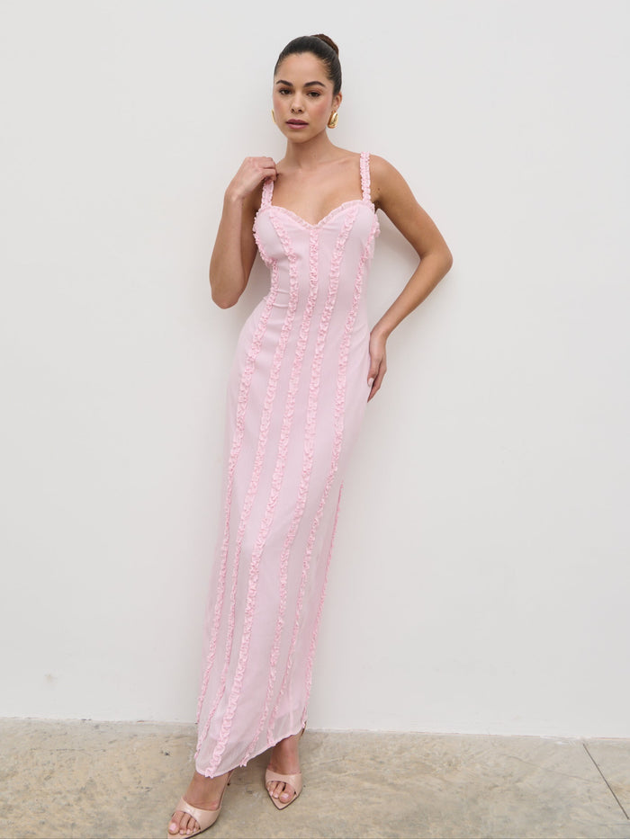 Elissa Is 5'8.5" & Wears Size UK 6|Ola Sweetheart Frill Maxi Dress - Peony Pink