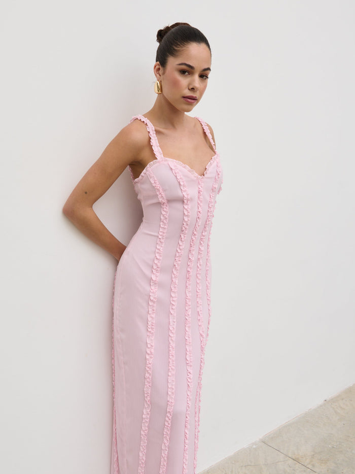 Elissa Is 5'8.5" & Wears Size UK 6|Ola Sweetheart Frill Maxi Dress - Peony Pink