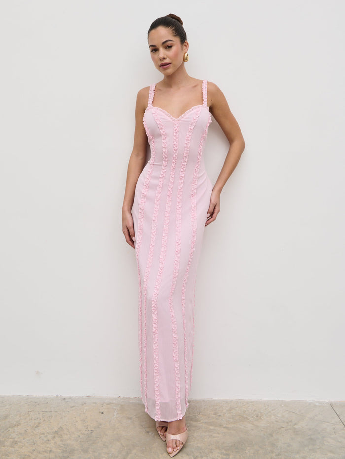 Elissa Is 5'8.5" & Wears Size UK 6|Ola Sweetheart Frill Maxi Dress - Peony Pink