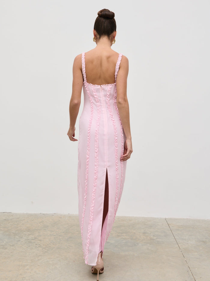 Elissa Is 5'8.5" & Wears Size UK 6|Ola Sweetheart Frill Maxi Dress - Peony Pink