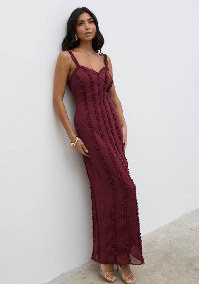 Lygia Is 5'9" & Wears Size UK 8|Ola Sweetheart Frill Maxi Dress - Wine