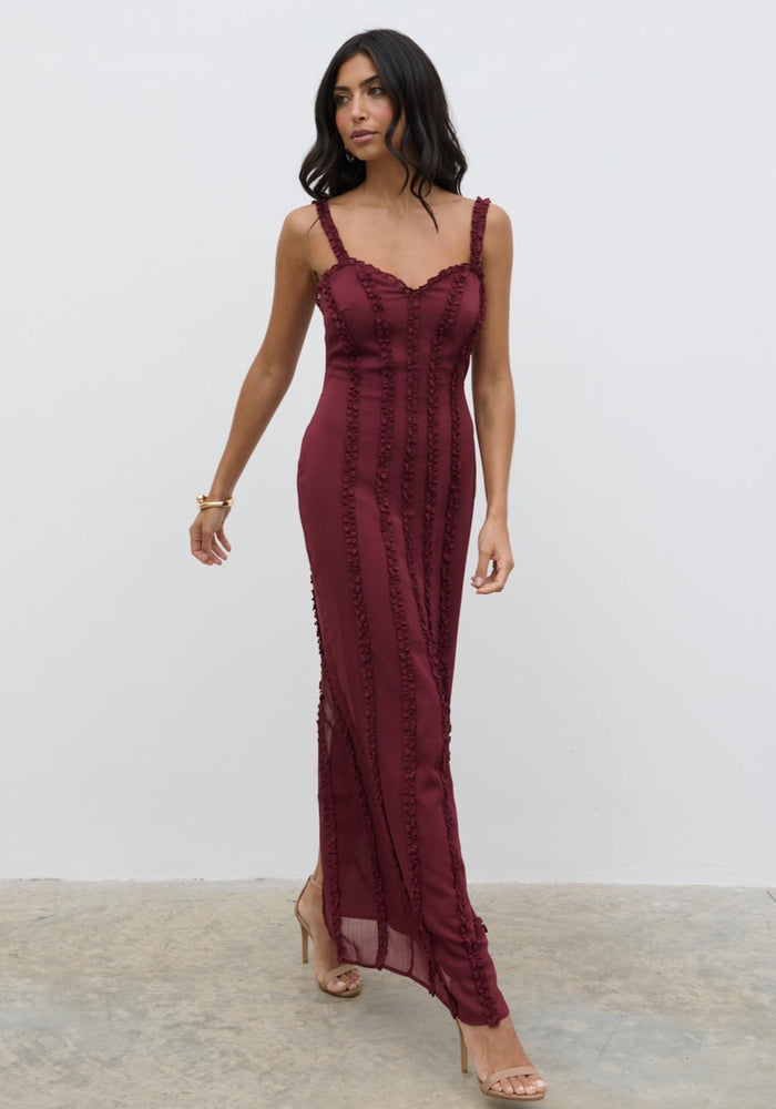 Lygia Is 5'9" & Wears Size UK 8|Ola Sweetheart Frill Maxi Dress - Wine