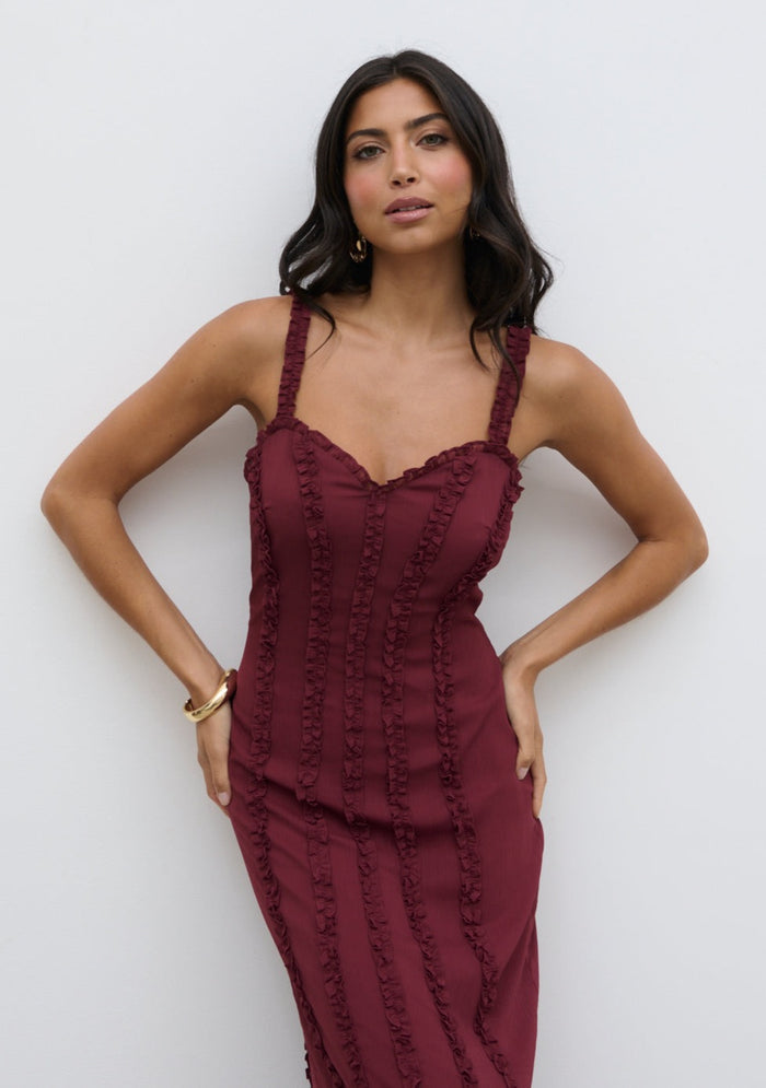 Lygia Is 5'9" & Wears Size UK 8|Ola Sweetheart Frill Maxi Dress - Wine