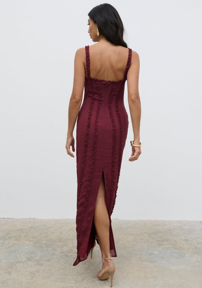Lygia Is 5'9" & Wears Size UK 8|Ola Sweetheart Frill Maxi Dress - Wine