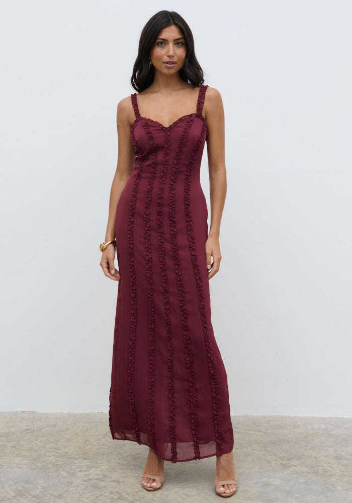 Lygia Is 5'9" & Wears Size UK 8|Ola Sweetheart Frill Maxi Dress - Wine