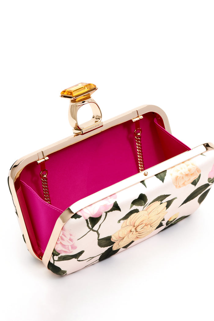 ON THE ROCKS PINK FLORAL DUCHESS SATIN CLUTCH