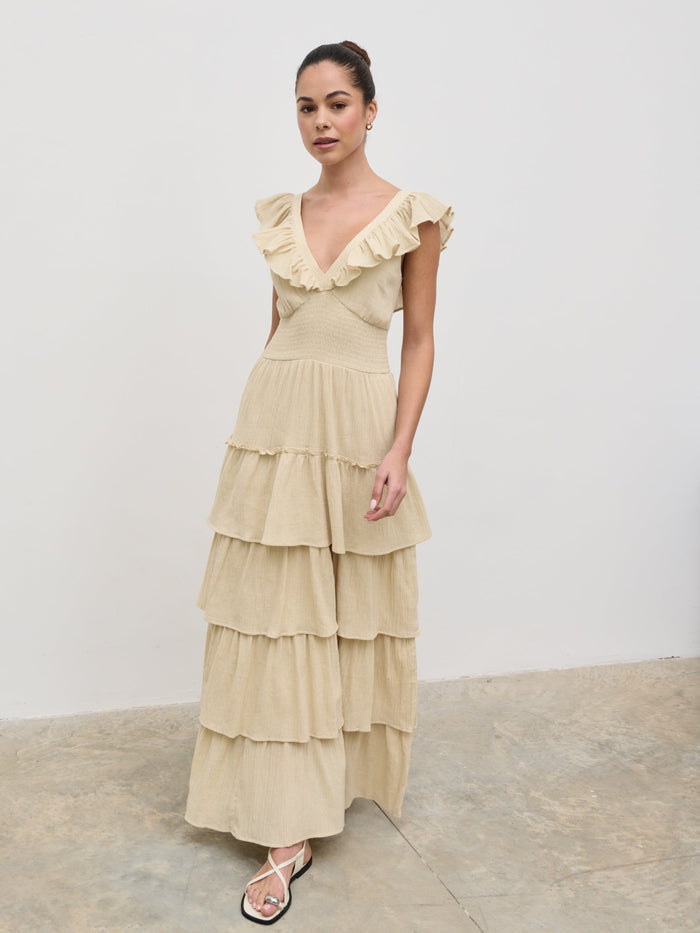 Elissa Is 5'8.5" & Wears Size UK 8|Opal Ruffle Maxi Dress - Beige