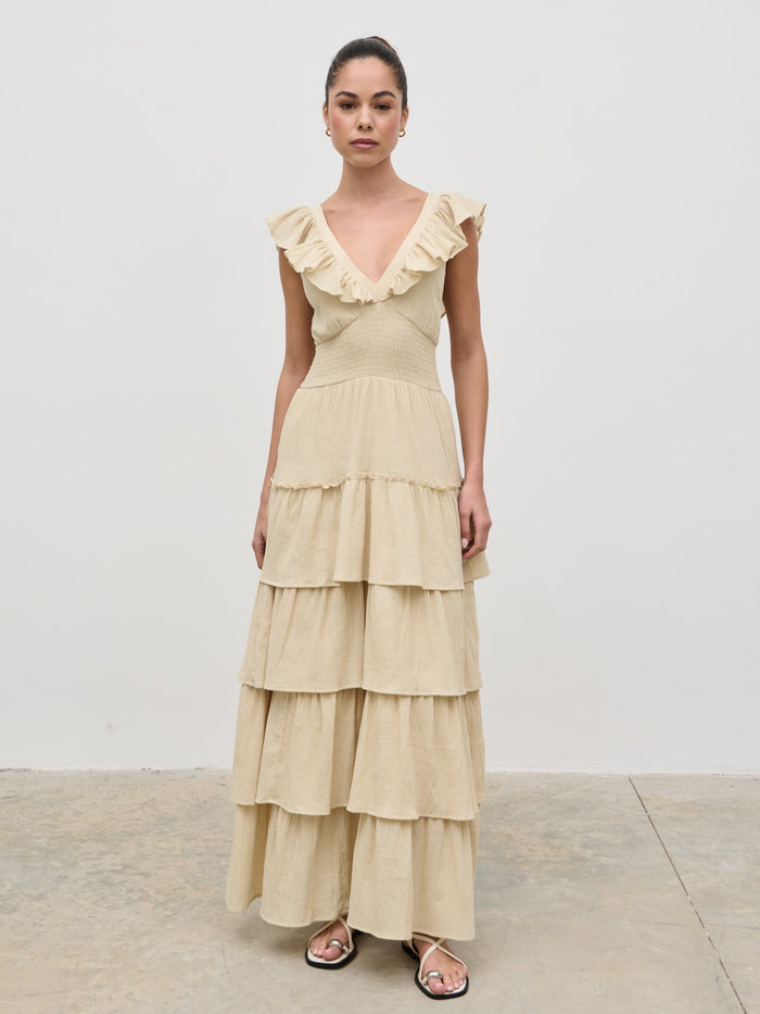Elissa Is 5'8.5" & Wears Size UK 8|Opal Ruffle Maxi Dress - Beige