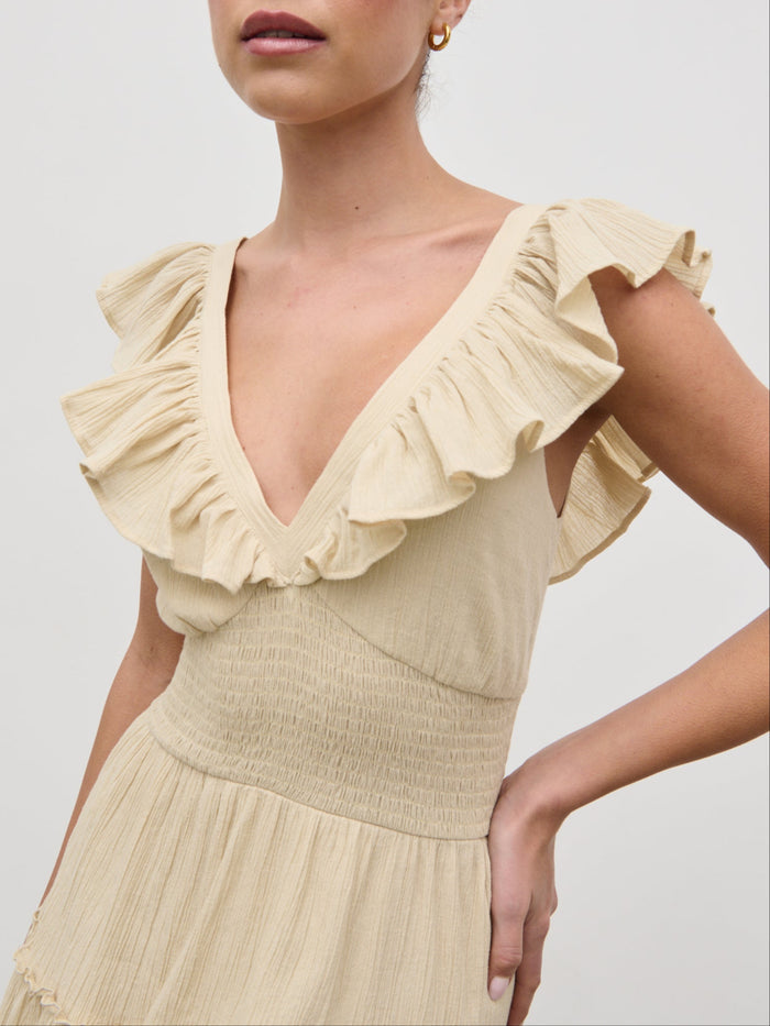 Elissa Is 5'8.5" & Wears Size UK 8|Opal Ruffle Maxi Dress - Beige