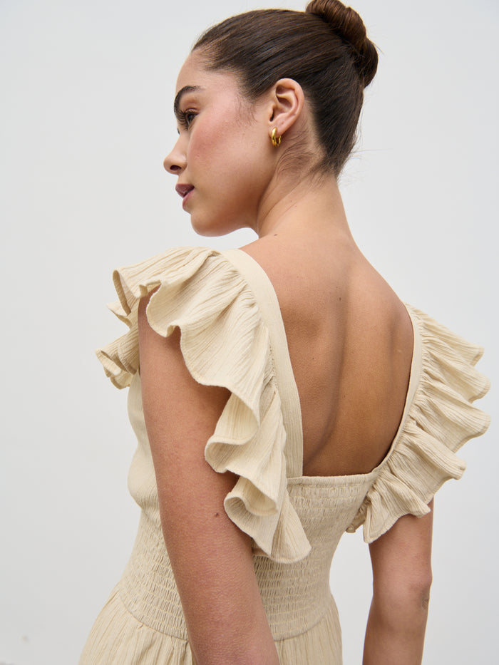 Elissa Is 5'8.5" & Wears Size UK 8|Opal Ruffle Maxi Dress - Beige