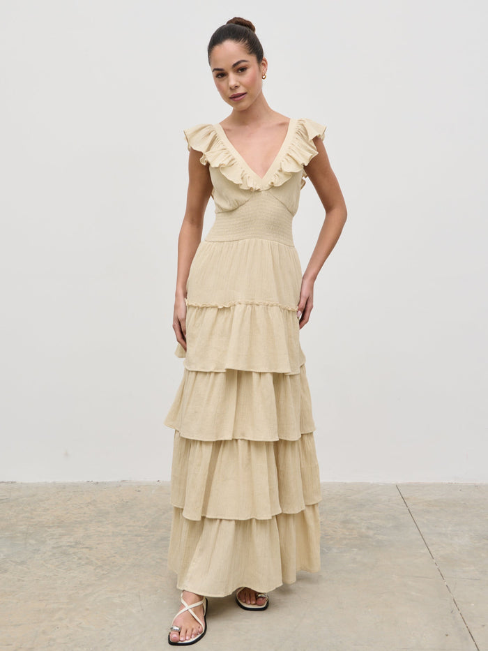 Elissa Is 5'8.5" & Wears Size UK 8|Opal Ruffle Maxi Dress - Beige