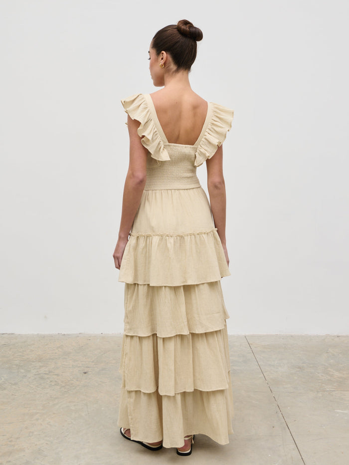 Elissa Is 5'8.5" & Wears Size UK 8|Opal Ruffle Maxi Dress - Beige