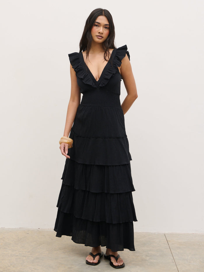 Opal Ruffle Midaxi Dress - Black