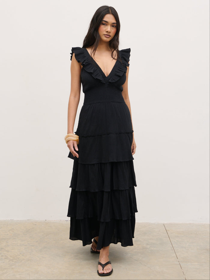 Opal Ruffle Midaxi Dress - Black