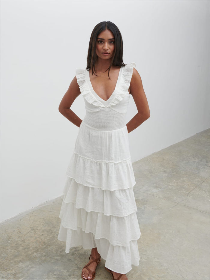 Sachi Is 5’7” & Wears Size UK 8|Opal Ruffle Midaxi Dress - Cream