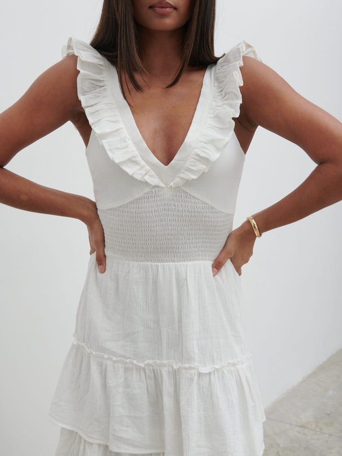 Sachi Is 5’7” & Wears Size UK 8|Opal Ruffle Midaxi Dress - Cream