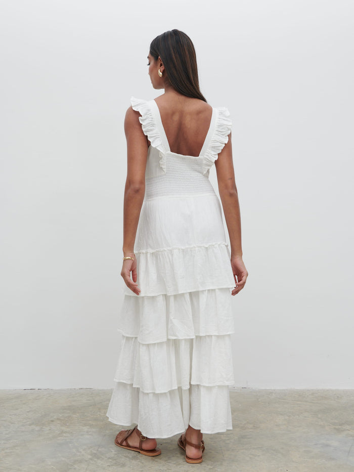 Sachi Is 5’7” & Wears Size UK 8|Opal Ruffle Midaxi Dress - Cream