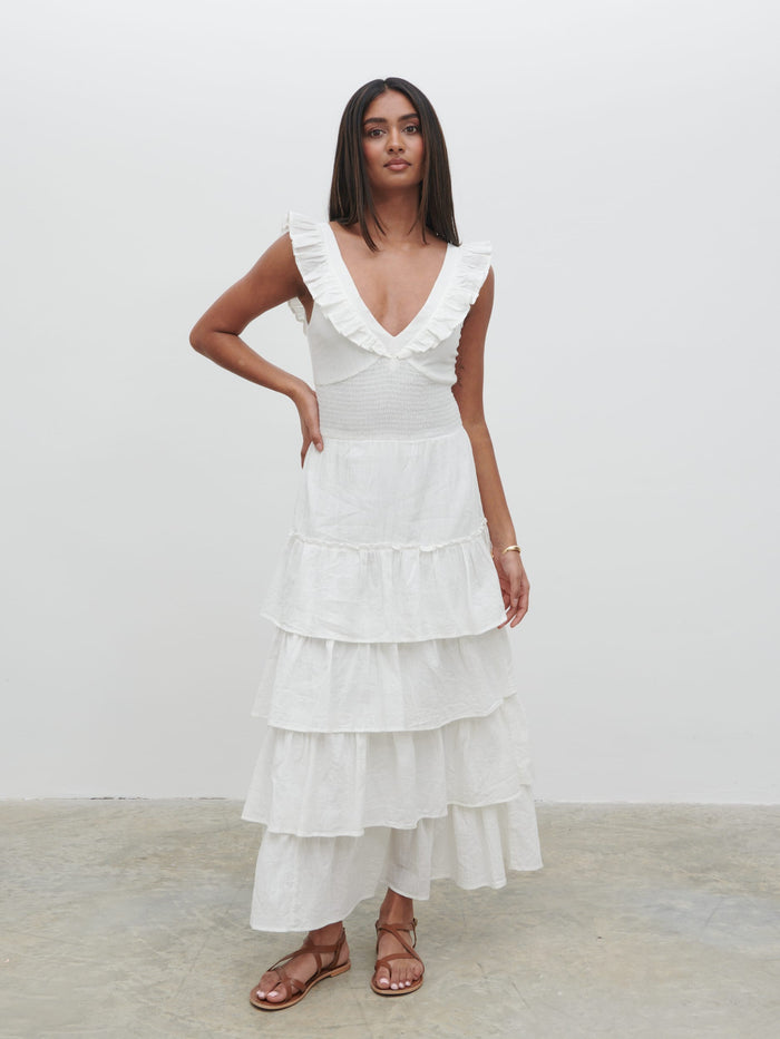 Sachi Is 5’7” & Wears Size UK 8|Opal Ruffle Midaxi Dress - Cream