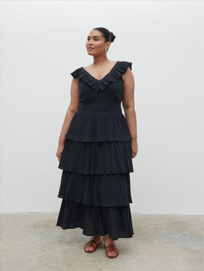 Souki Is 5'8" & Wears Size UK 18|Opal Ruffle Midaxi Dress Curve - Black