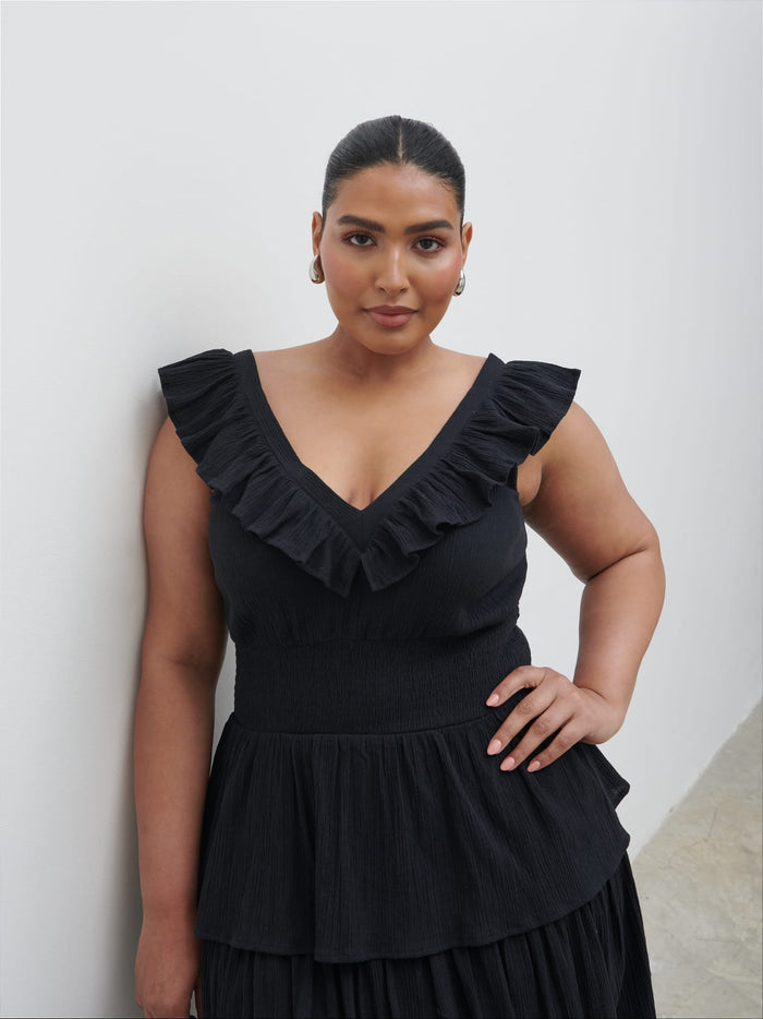Souki Is 5'8" & Wears Size UK 18|Opal Ruffle Midaxi Dress Curve - Black