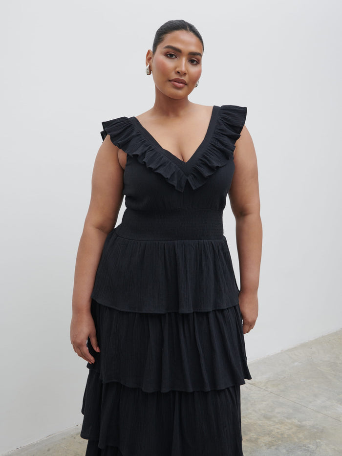 Souki Is 5'8" & Wears Size UK 18|Opal Ruffle Midaxi Dress Curve - Black