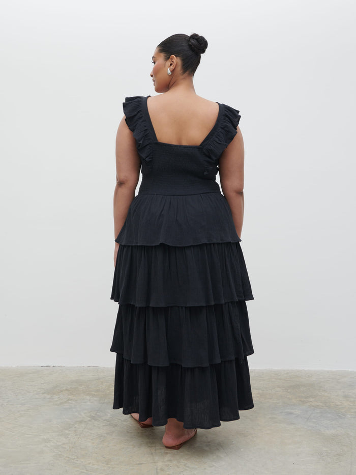 Souki Is 5'8" & Wears Size UK 18|Opal Ruffle Midaxi Dress Curve - Black