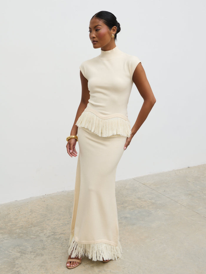 Elle Is 5'3" & Wears Size UK XS|Orlendina Fringe Knit Top - Cream