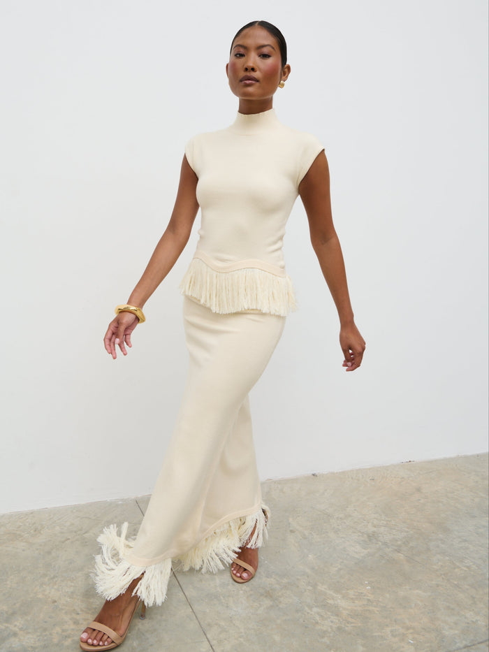 Elle Is 5'3" & Wears Size UK XS|Orlendina Fringe Knit Top - Cream