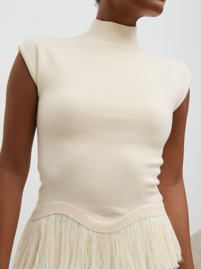 Elle Is 5'3" & Wears Size UK XS|Orlendina Fringe Knit Top - Cream