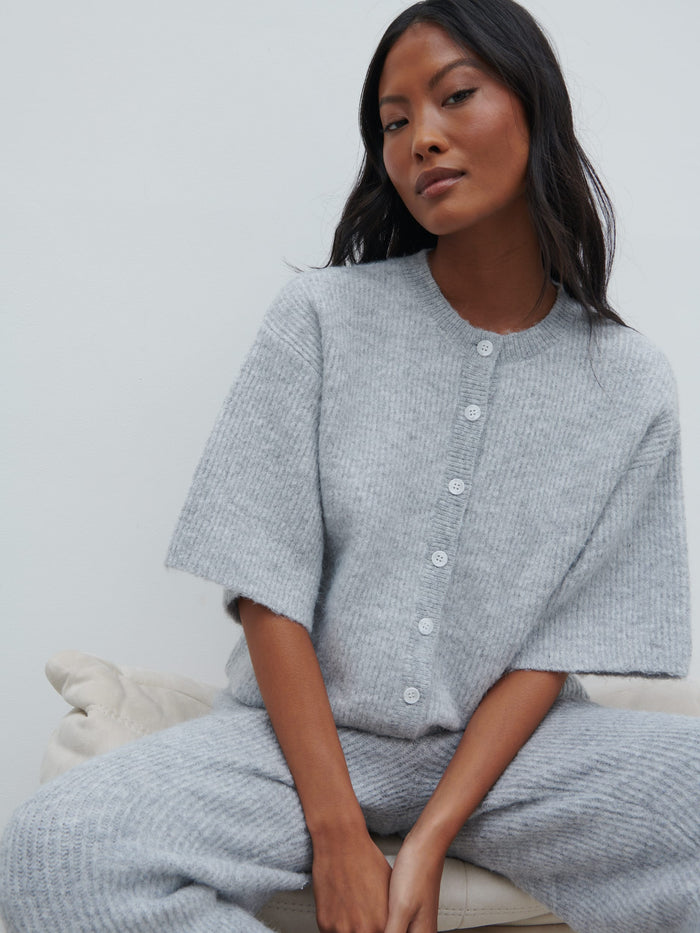 Elle Is 5'3" & Wears Size UK XS|Ovalie Rib Knit Top - Grey Marl