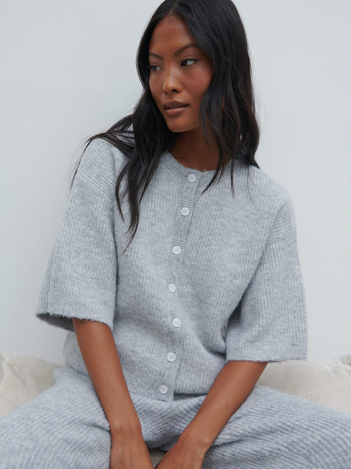 Elle Is 5'3" & Wears Size UK XS|Ovalie Rib Knit Top - Grey Marl
