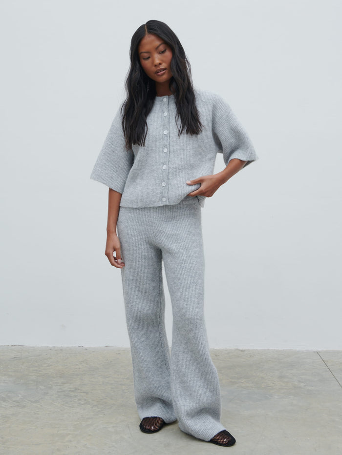 Elle Is 5'3" & Wears Size UK XS|Ovalie Rib Knit Trousers - Grey Marl