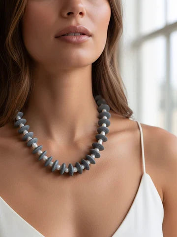 Farrah B Pearls Gone Wild Ashanti Glass and Pearl Beaded Necklace Dark Grey