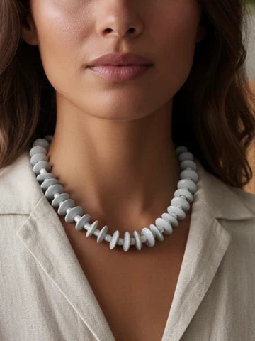 Farrah B Pearls Gone Wild Ashanti Glass and Pearl Beaded Necklace Light Grey
