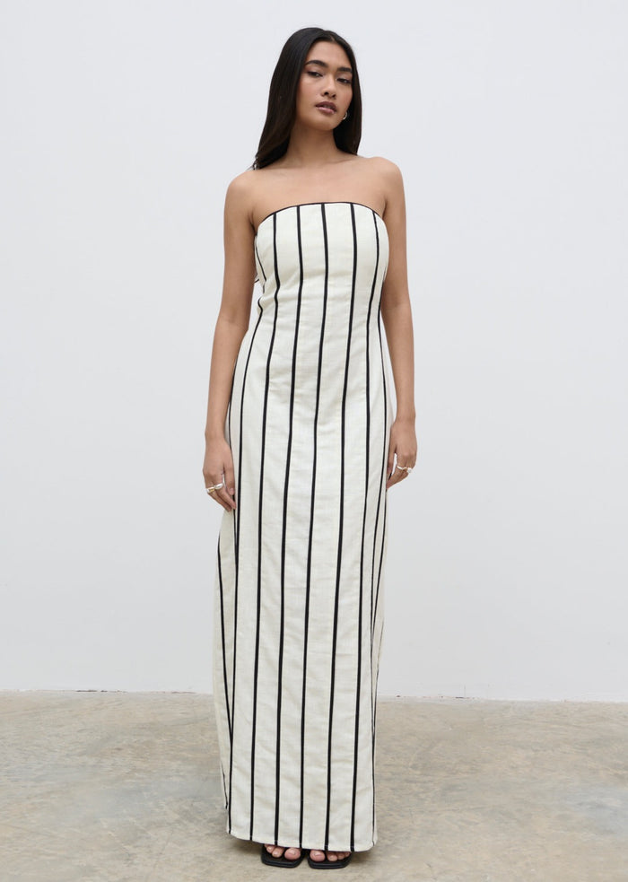 Candy Is 5'6" & Wears Size UK 8|Penny Striped Bandeau Dress - Cream and Black