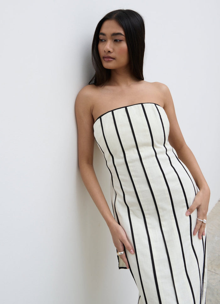 Candy Is 5'6" & Wears Size UK 8|Penny Striped Bandeau Dress - Cream and Black