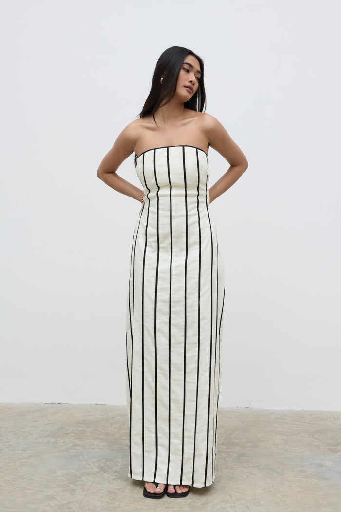 Candy Is 5'6" & Wears Size UK 8|Penny Striped Bandeau Dress - Cream and Black