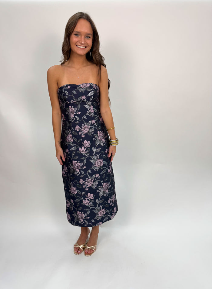 Perla Jacquard Strapless Midi Dress