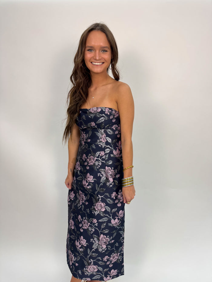 Perla Jacquard Strapless Midi Dress