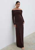 Elissa Is 5'8.5" & Wears Size UK 8|Perrie Bardot Jersey Maxi Dress - Brown