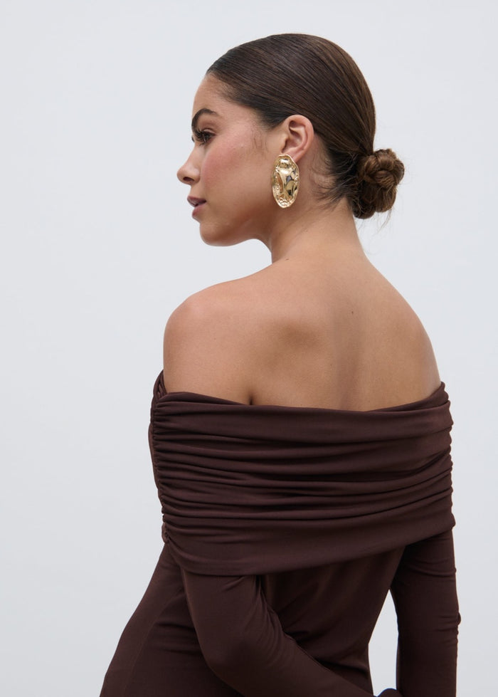 Elissa Is 5'8.5" & Wears Size UK 8|Perrie Bardot Jersey Maxi Dress - Brown