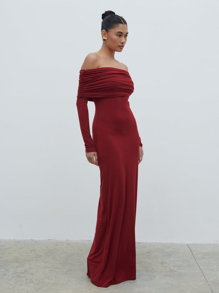 Candy Is 5'6" & Wears Size UK 8|Perrie Bardot Jersey Maxi Dress - Burgundy