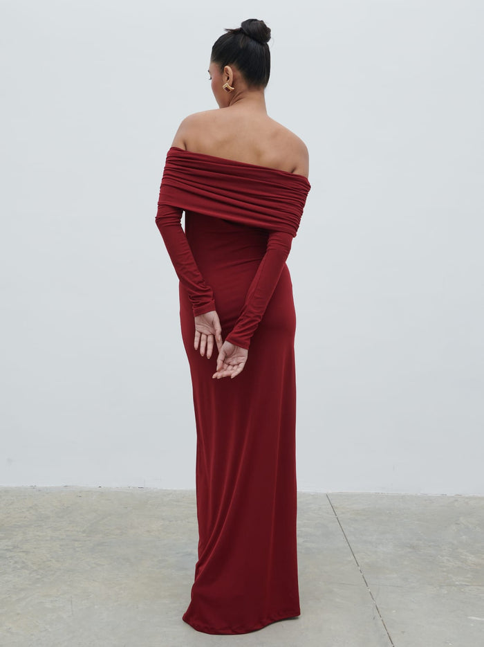 Candy Is 5'6" & Wears Size UK 8|Perrie Bardot Jersey Maxi Dress - Burgundy