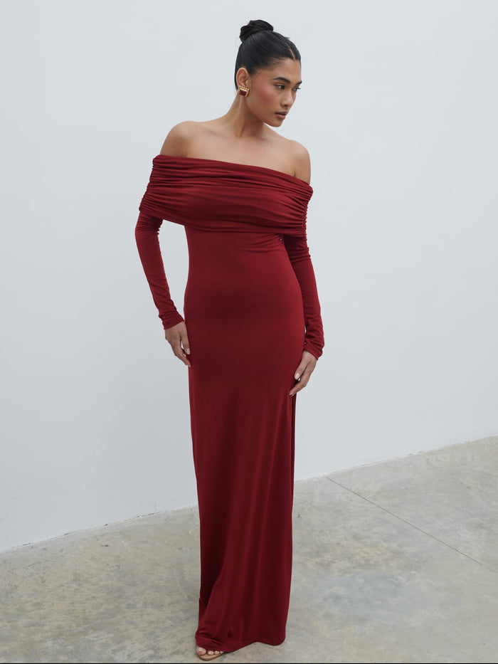 Candy Is 5'6" & Wears Size UK 8|Perrie Bardot Jersey Maxi Dress - Burgundy