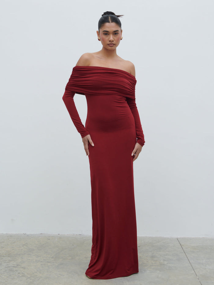 Candy Is 5'6" & Wears Size UK 8|Perrie Bardot Jersey Maxi Dress - Burgundy