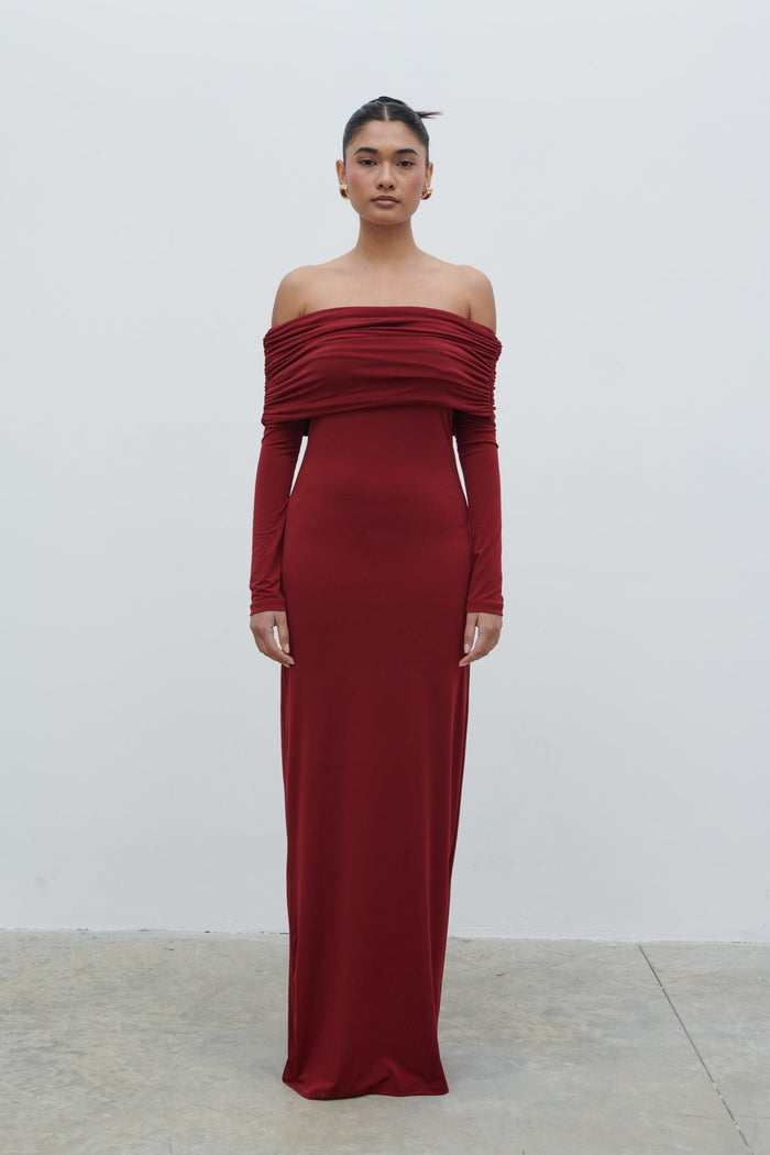 Candy Is 5'6" & Wears Size UK 8|Perrie Bardot Jersey Maxi Dress - Burgundy