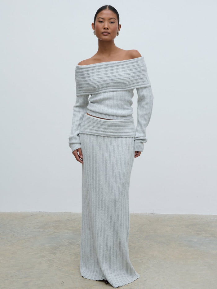 Elle Is 5'3" & Wears Size UK XS|Petra Bardot Cosy Rib Knit Jumper - Grey Marl