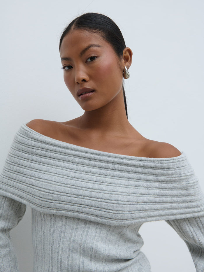Elle Is 5'3" & Wears Size UK XS|Petra Bardot Cosy Rib Knit Jumper - Grey Marl