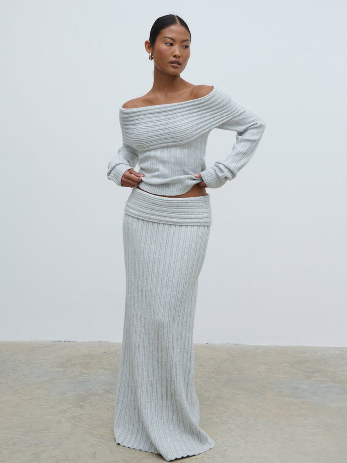 Elle Is 5'3" & Wears Size UK XS|Petra Bardot Cosy Rib Knit Jumper - Grey Marl