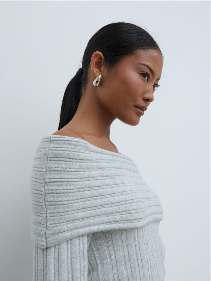 Elle Is 5'3" & Wears Size UK XS|Petra Bardot Cosy Rib Knit Jumper - Grey Marl